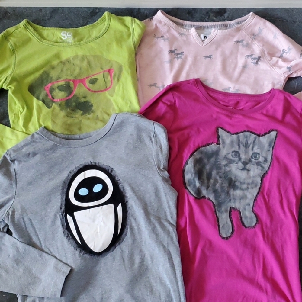 SET: 4 Long Sleeve T-Shirt Tops, Wall-E Eve Cat Dog Lab Puppy Horse, 7/8 Tee